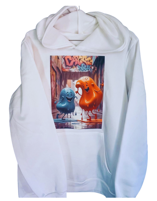 Hoodie-White-Draw string-Pouch Pocket-Blobs in the Rain.