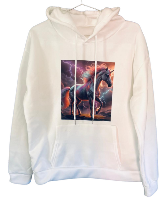 Hoodie-White-Draw string-Pouch pocket- Colourful Unicorn.